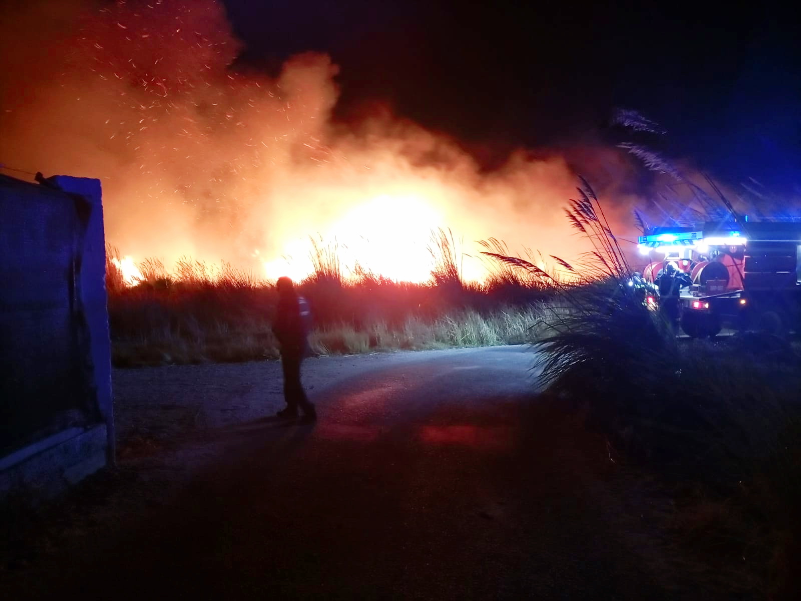 Un incendio de origen desconocido afecta esta tarde-noche a la zona de los cañaverales de la Punta del Río en la playa de Salobreña